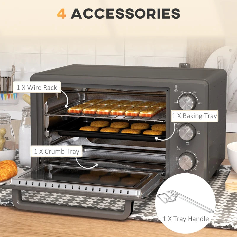21L Mini Countertop Oven - Adjustable Temperature 100°C-230°C, Compact Grey Design for Efficient Cooking