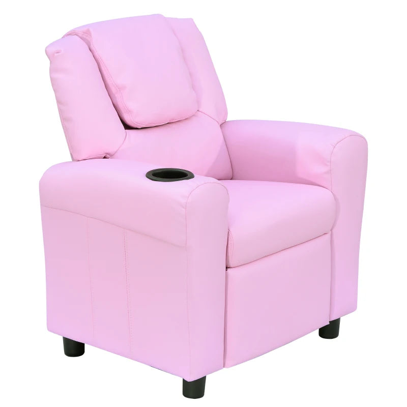 Pink Kids Recliner Chair - PU Leather, Adjustable Backrest & Footrest, Padded Headrest for Comfort - Perfect for Playrooms
