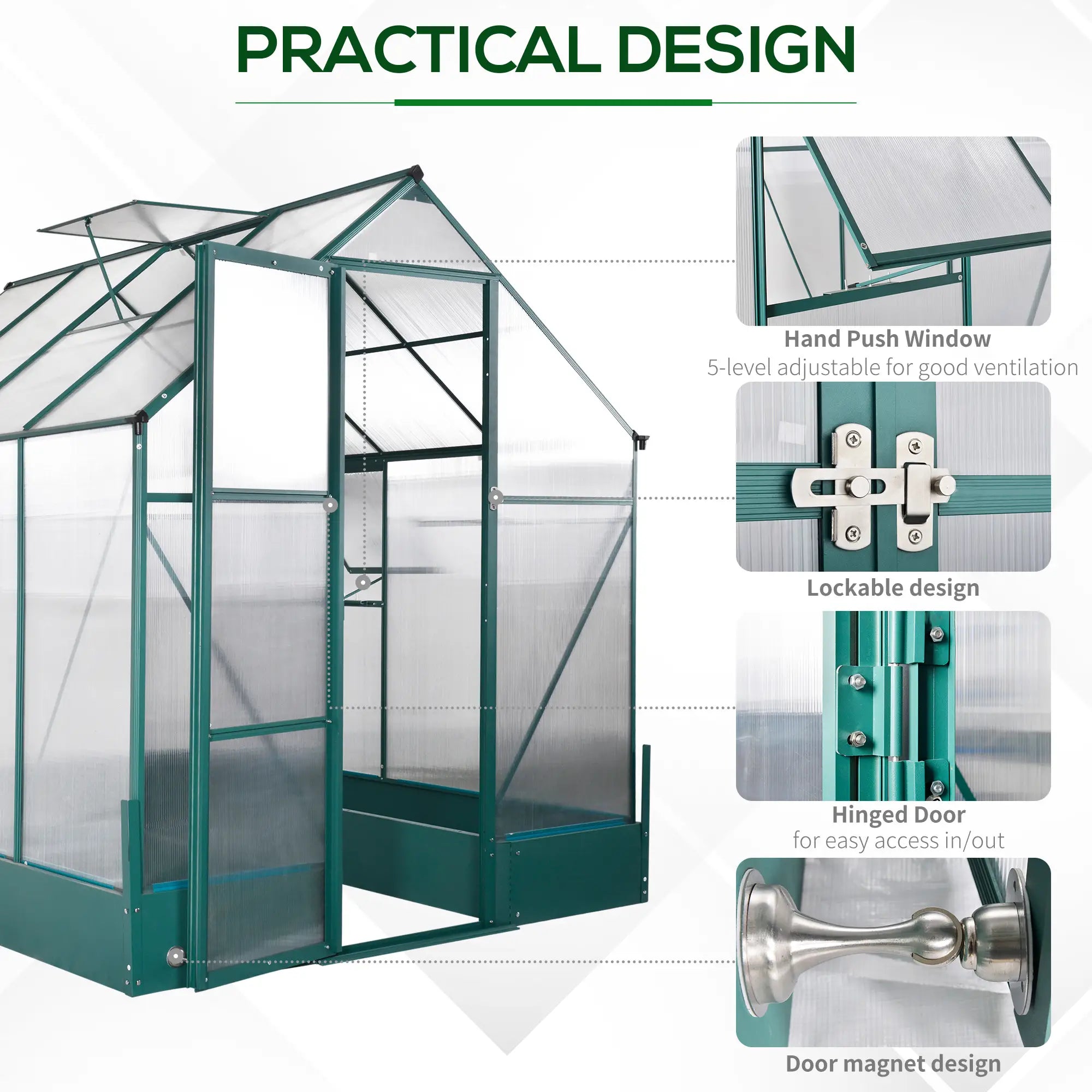 Green 6ft x 8ft Polycarbonate Greenhouse With Aluminium Frame and Temperature Controlled Window and Foundation