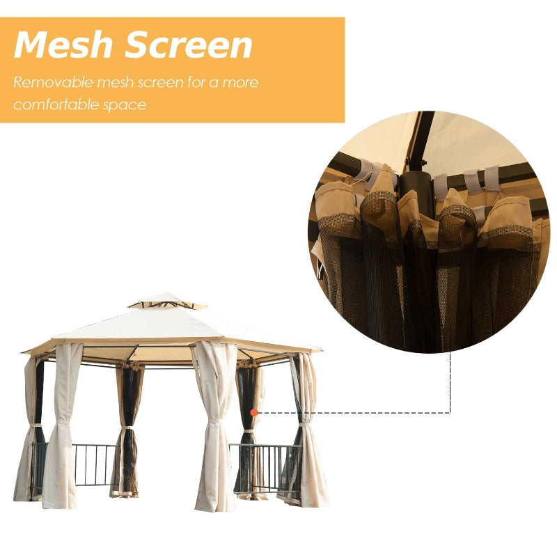 Beige 3m x 3m Hexagonal Gazebo With Curtains