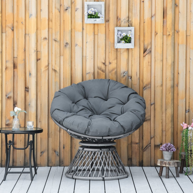 Grey Swivel Rattan Moon Bowl Chair with Padded Cushion
