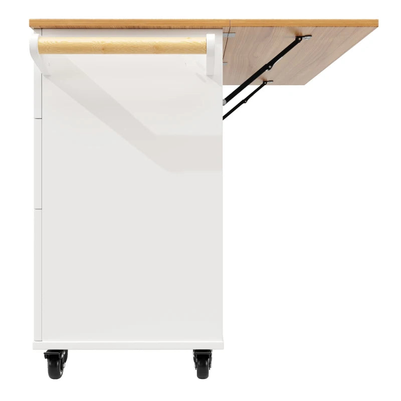 Rolling Mobile Kitchen Island Cart with Drawer & Storage, Drop Leaf, Multi-Functional Design, 133L x 70W x 88H cm, White