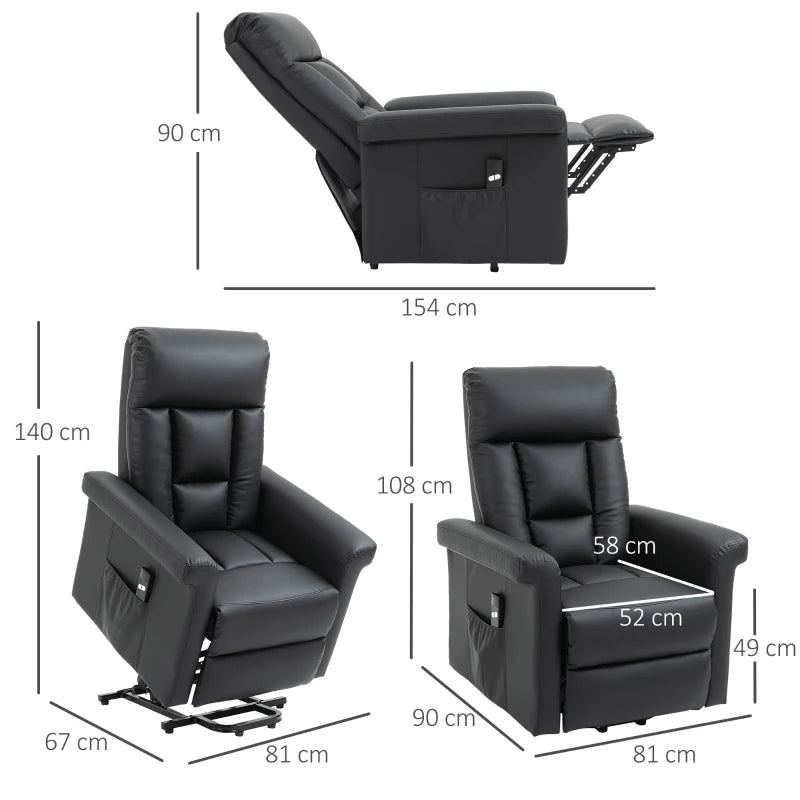 Power Lift Recliner Chair for Elderly - PU Leather Armchair with Extended Footrest, Remote Control and Side Pocket, Black