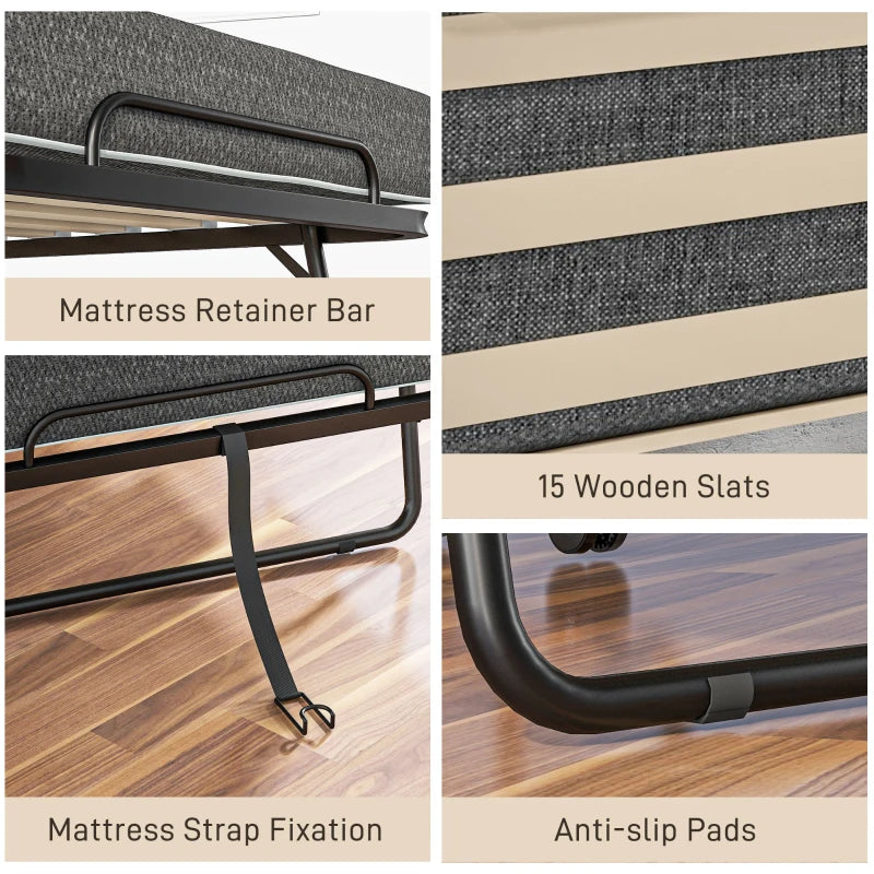 Portable Folding Bed with Wheels Steel Frame for Easy Storage and Travel Black Grey