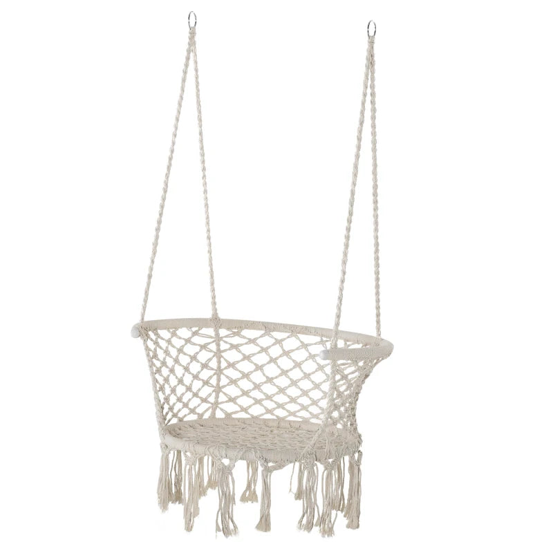 Cream White Macrame Hanging Rope Chair with Backrest for Outdoor and Indoor Use