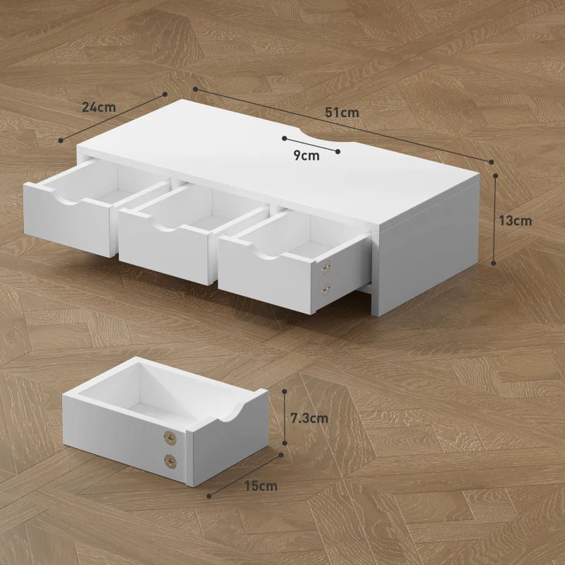 White Monitor Stand Riser with 3 Drawers - Laptop & PC Holder, 51x24x13cm, Ideal for Small Printers & Desks