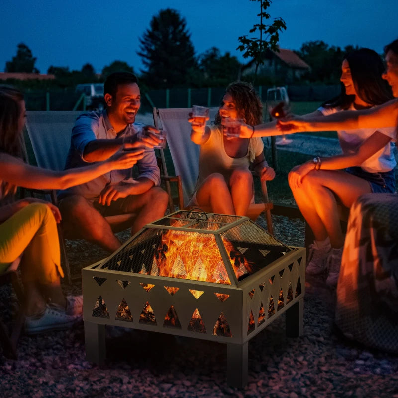 66cm Black Outdoor Fire Pit with Screen Cover & Poker - Wood Burning Firepit Bowl for Patio & Backyard