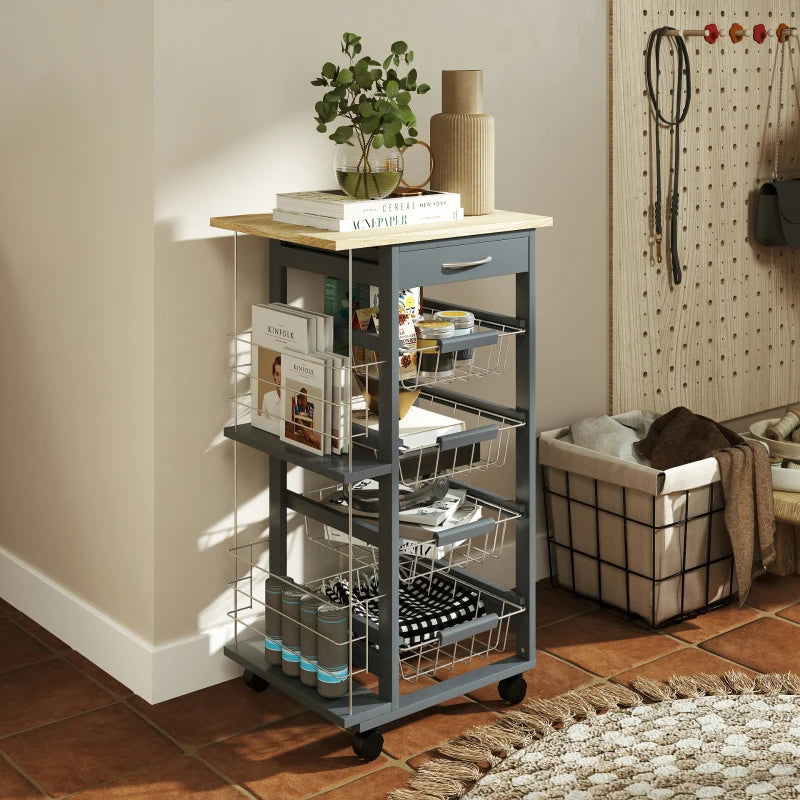 Rolling Kitchen Cart with 4 Basket Drawers & Side Racks - Utility Storage on Wheels for Dining Room - Grey