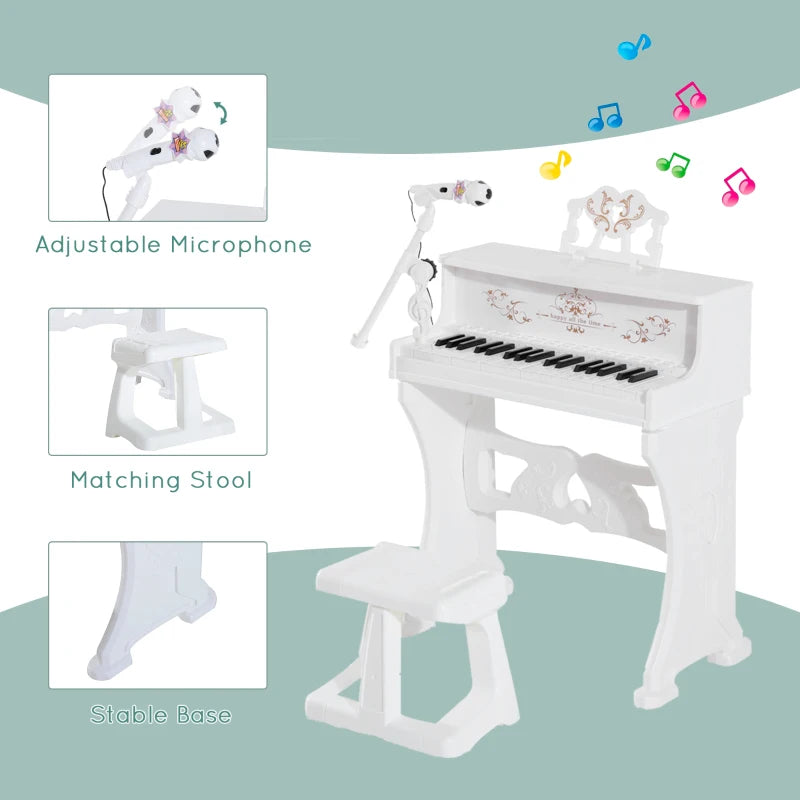 Kids Mini Piano Keyboard Set - Light-Up Electronic Grand Piano Toy with Stool, Microphone & Music Stand - Educational Musical Instrument (White)