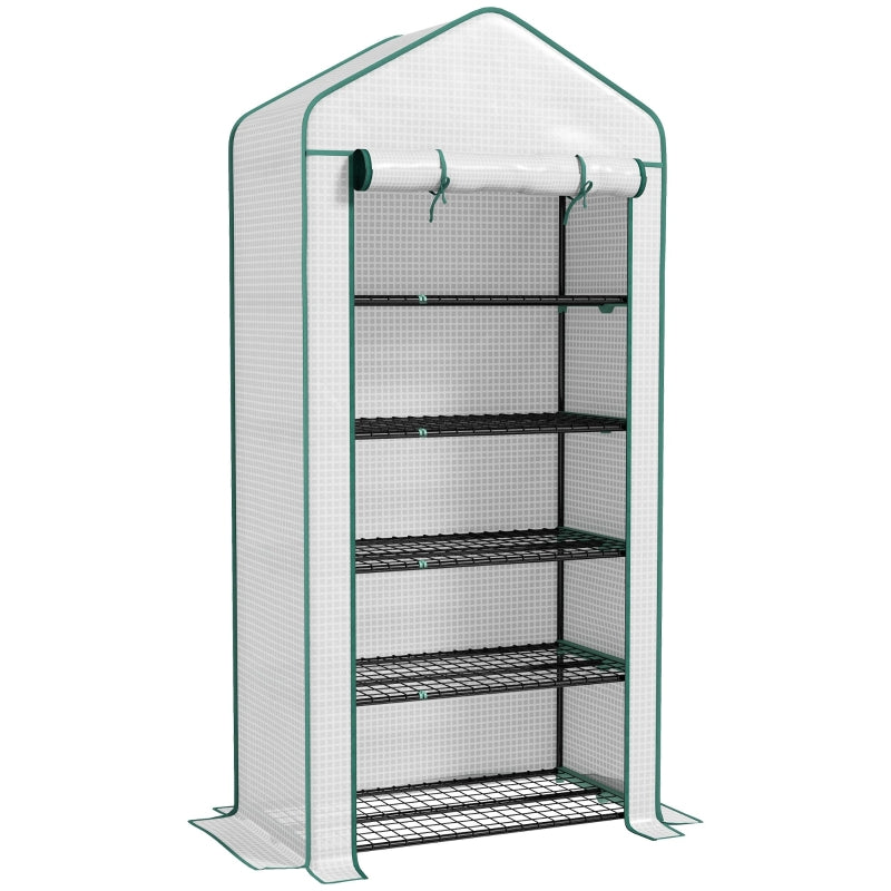 Portable White 5 Tier Mini Greenhouse with Roll-up Door, 193H x 90W x 49Dcm