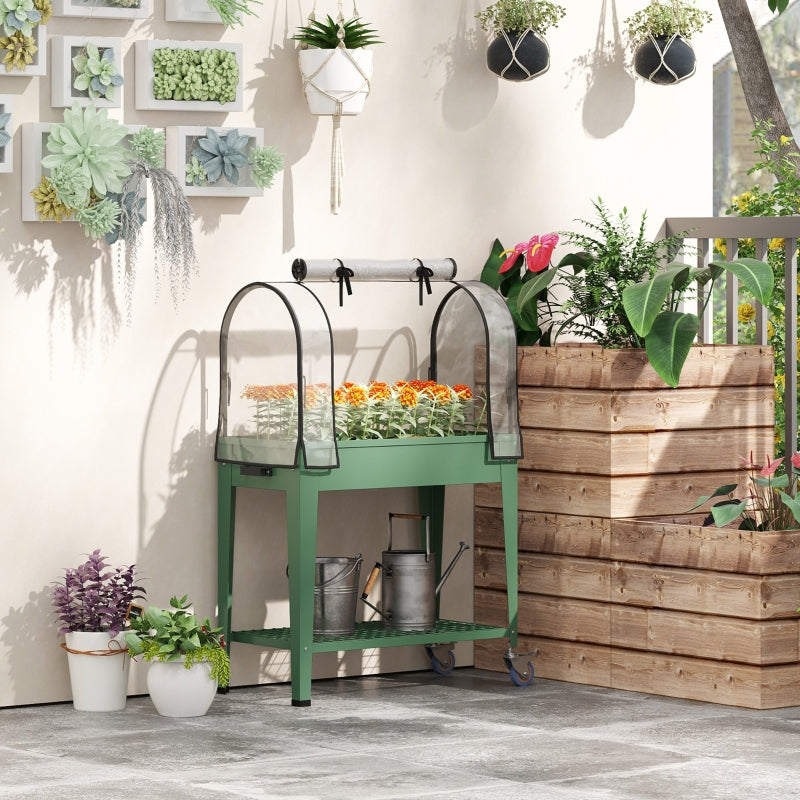 Mobile Elevated Garden Bed with Greenhouse Cover - 4ft Green Planter with Wheels and Bottom Shelf