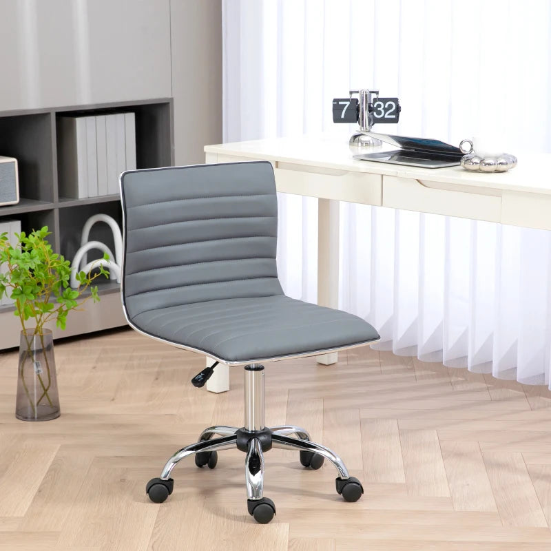 Light Grey Armless Task Desk Chair - Swivel Faux Leather Office Chair with Adjustable Height & Chrome Base for Home