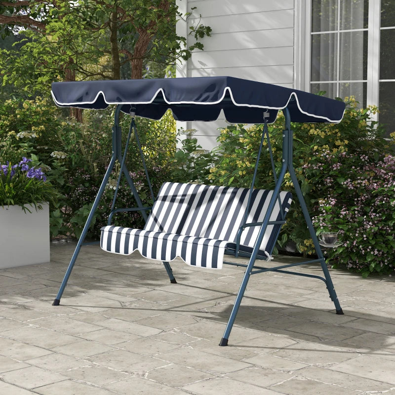 Blue Striped 3-Seater Garden Swing Chair with Adjustable Canopy
