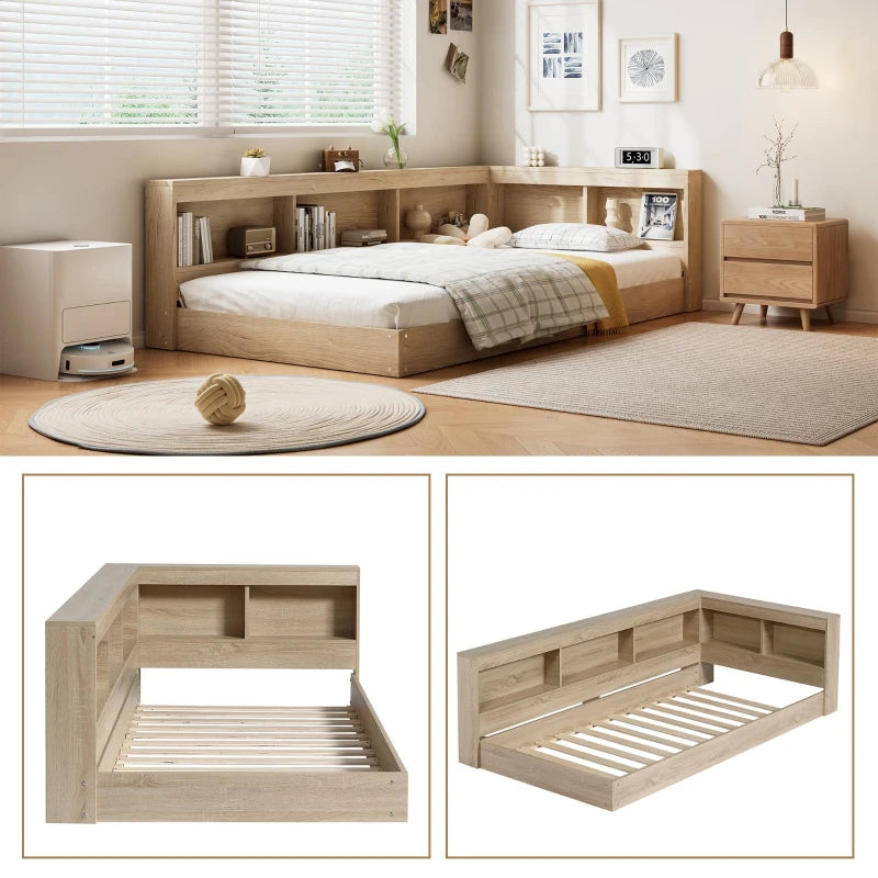 3FT Single Bed Frame with Storage Durable MDF Plywood Wooden Design for Adults Teens White Oak