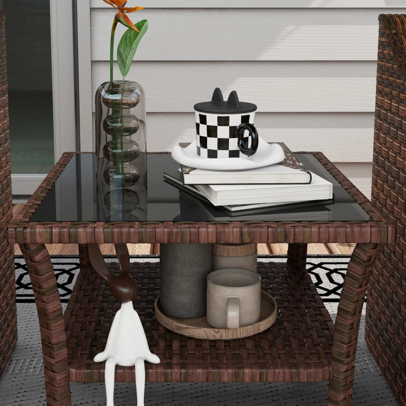 Brown Rattan Glass Top Patio Side Table - 50cm