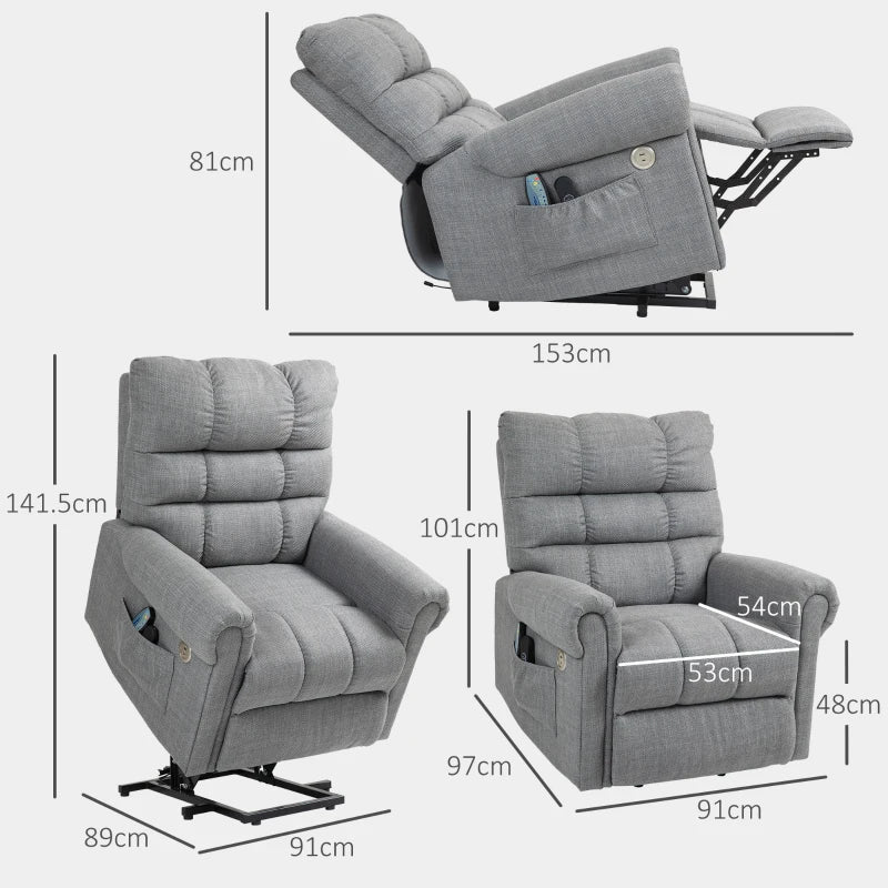Electric Massage Rise and Recline Armchair in Grey for Ultimate Comfort and Relaxation