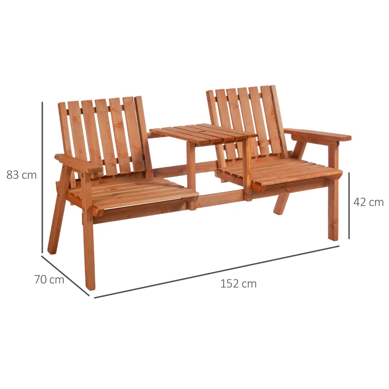2-Seater Wooden Bench with Built-in Table - Natural Wood