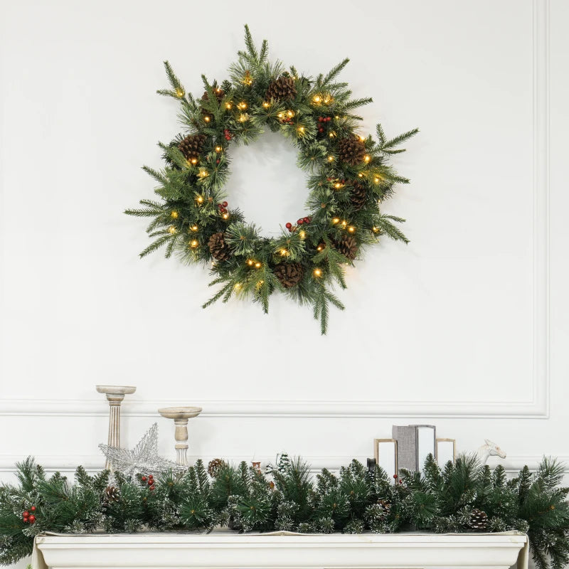 60" Cone and Berry Christmas Wreath with LED Lights - Festive Holiday Decor for Home and Office