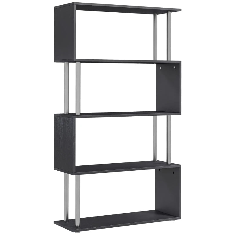 Modern S Shape Bookcase - 5 Tier Freestanding Bookshelf for Home Office, Study & Living Room - Black 80x30x145cm