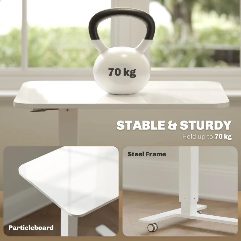 Height Adjustable Pneumatic Standing Desk - Mobile Overbed Table with Wheels for Home Office & Laptop - White Finish