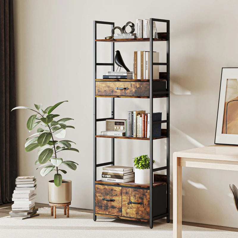 Industrial Style Bookcase with 4 Shelves & 3 Fabric Drawers - Brown & Black Storage Solution for Home or Office