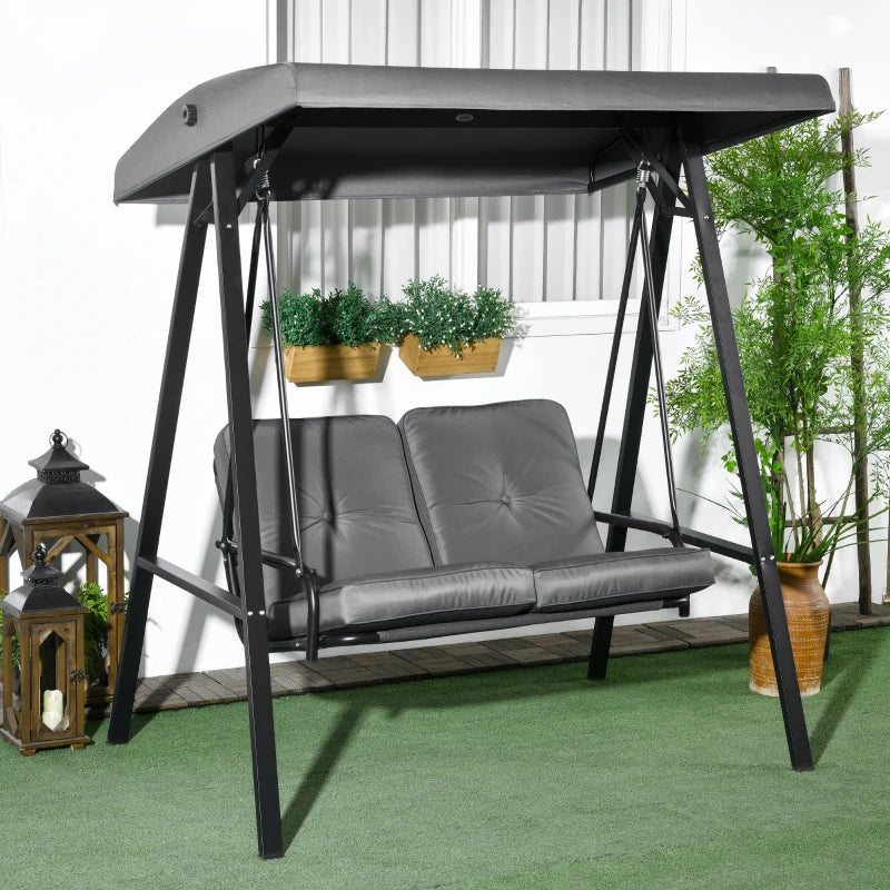 Two-Seater Garden Swing Bench with Adjustable Canopy - Dark Grey - Outdoor Patio Furniture
