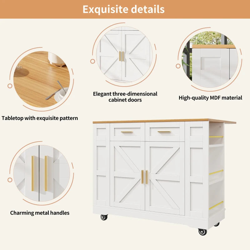 Adjustable Kitchen Island Trolley - Rolling Cart with Drawers & Storage Racks, 120x40x90 cm, White - Easy Stability