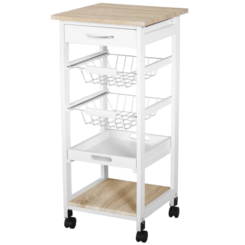 Compact Mobile Rolling Kitchen Island Trolley with Metal Baskets & Shelves - Stylish White Storage Solution on Wheels