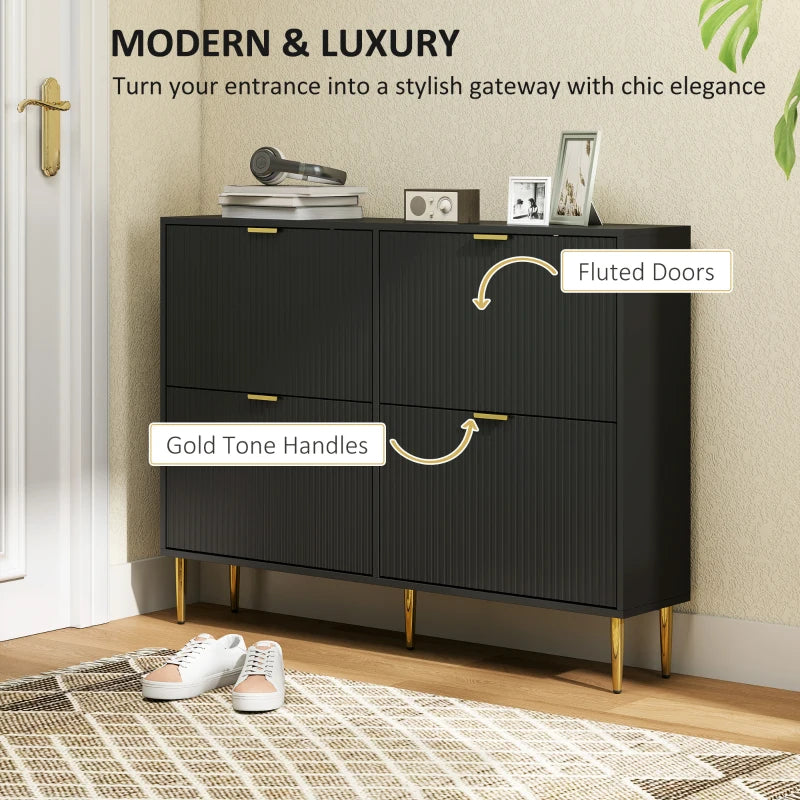 Narrow Black Shoe Cabinet with 4 Flip Drawers for Space Saving Storage