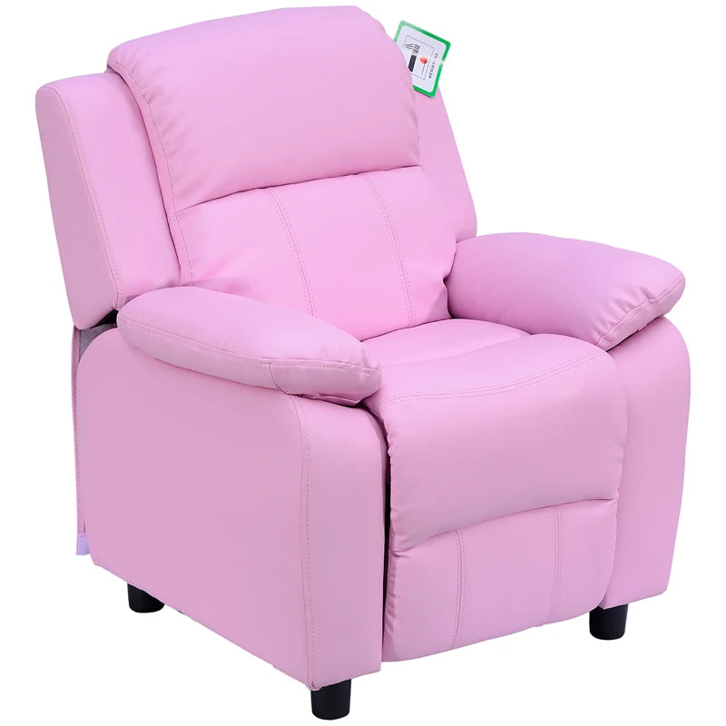 Kids Pink Sofa Armchair Recliner - PU Leather Toddler Lounger with Storage for Games & Playtime