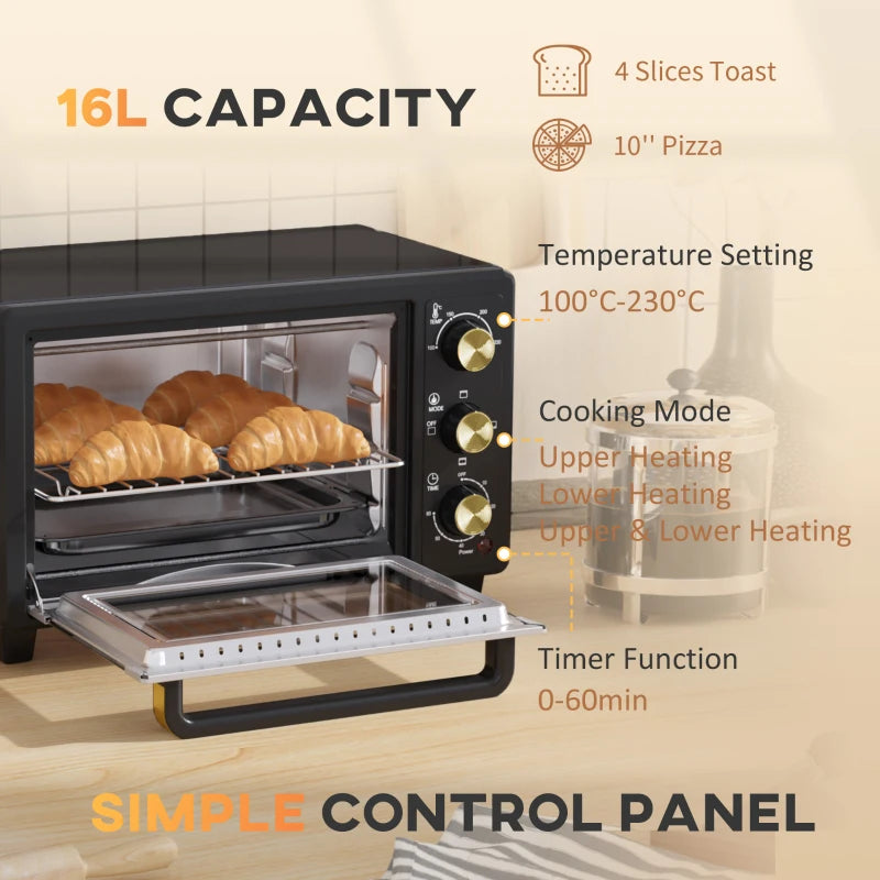 16L Mini Countertop Oven - 1400W Powerful Cooking, Compact Design, Black Finish - Perfect for Small Spaces & Quick Meals