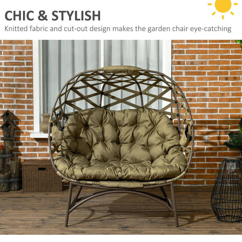 Khaki Folding 2 Seater Outdoor Egg Chair with Cushion and Cup Holders