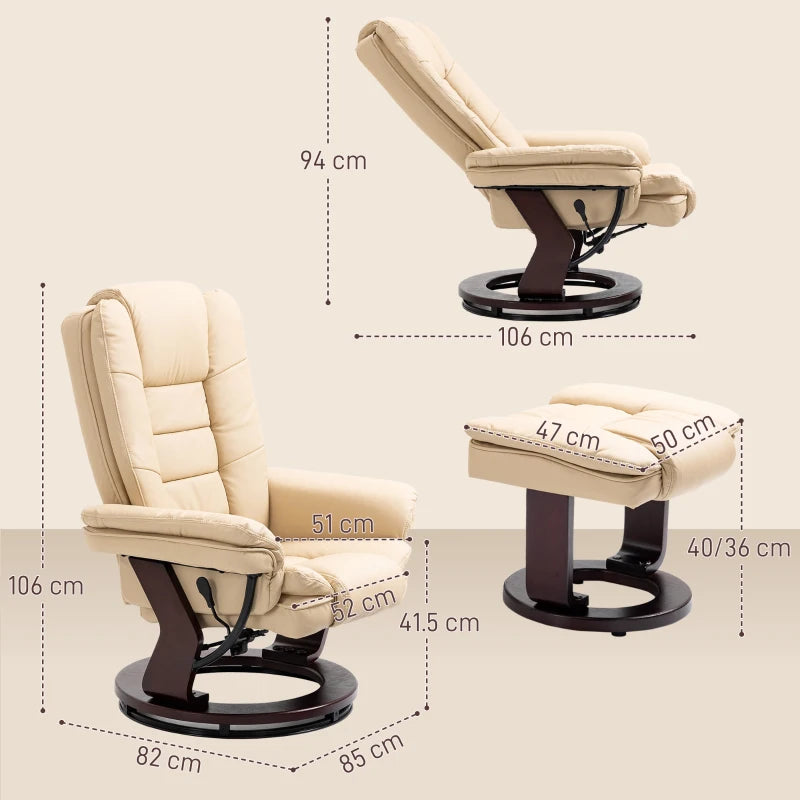 Beige Faux Leather Reclining Chair with Footstool - 135° Adjustable Comfort for Home or Office