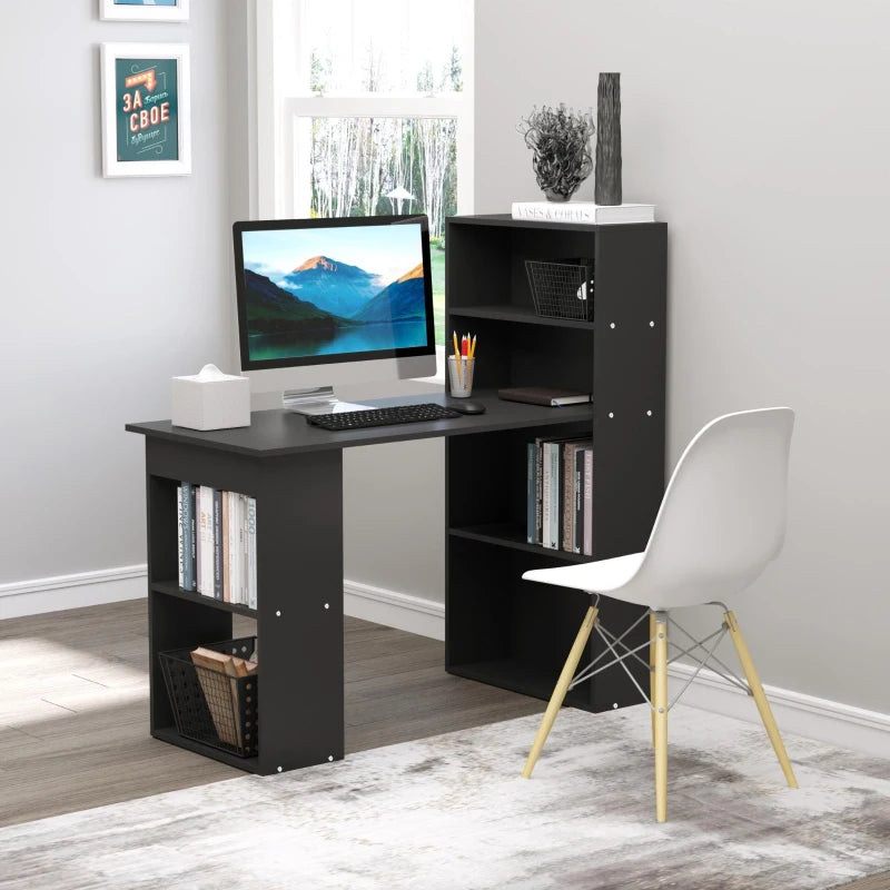 120cm Wooden Computer Desk with 6-Tier Bookshelves - Stylish Home Office Laptop Table & Writing Workstation in Black