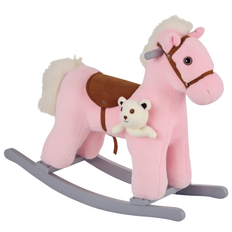 Kids Plush Rocking Horse Toy with Realistic Sounds - Soft Ride-On Rocker for Toddlers 18-36 Months - Pink