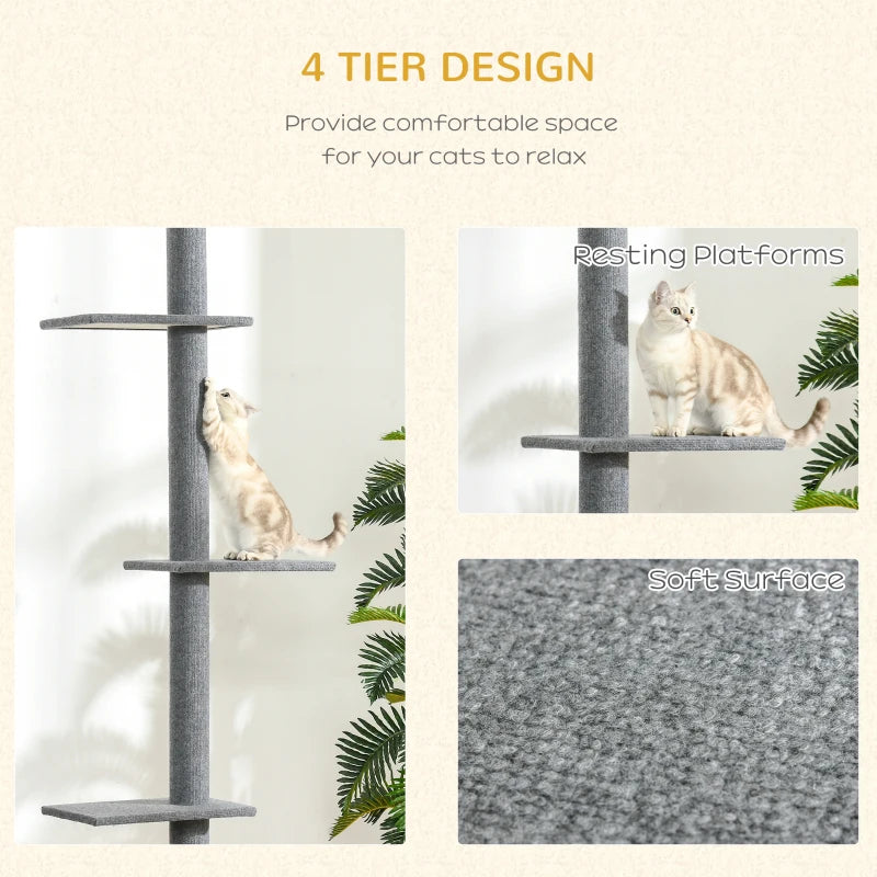 260cm Indoor Cat Tree with 3 Platforms - Grey Floor to Ceiling Activity Centre for Cats