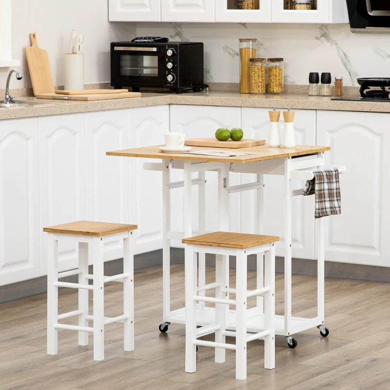 Bamboo Kitchen Island Set with 2 Stools, Rolling Breakfast Cart, Drop Leaf Top, Drawers & Towel Rack - White