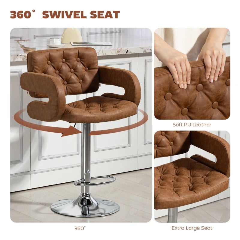 Adjustable PU Leather Swivel Bar Stool with Backrest, Armrests & Footrest - Brown Upholstered Height-Adjustable Seating