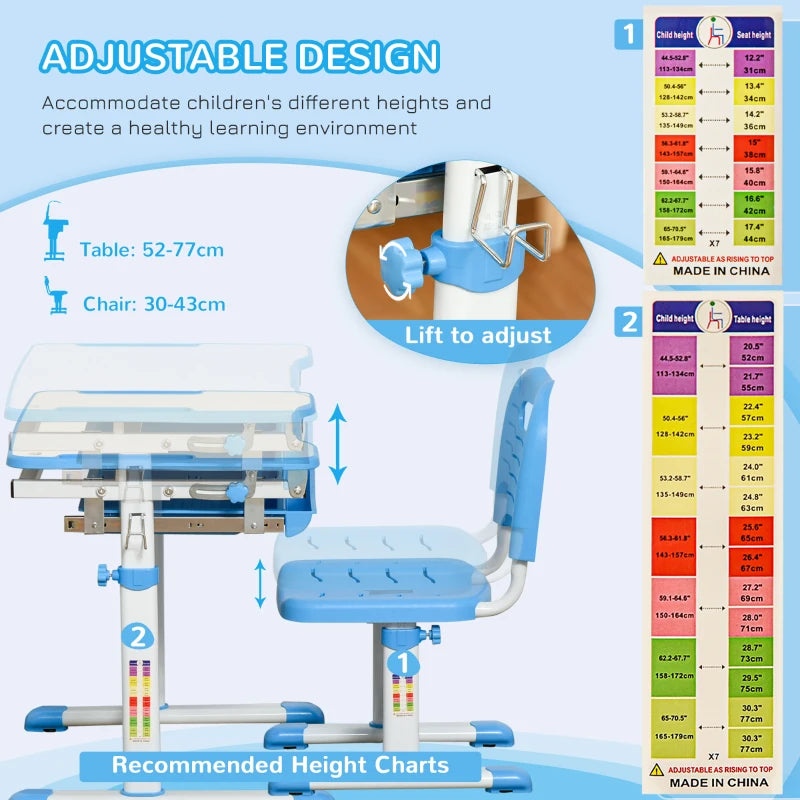 Kids Height Adjustable Desk and Chair Set - Blue, Tiltable Study Table with Drawer, Pen Slot & Hook for Students