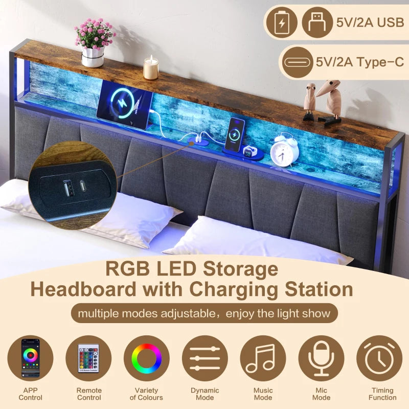 Stylish Black & Dark Walnut Double Bed Frame with Storage Drawers, RGB LED Headboard & Charging Station - 205L x 136W x 116H cm