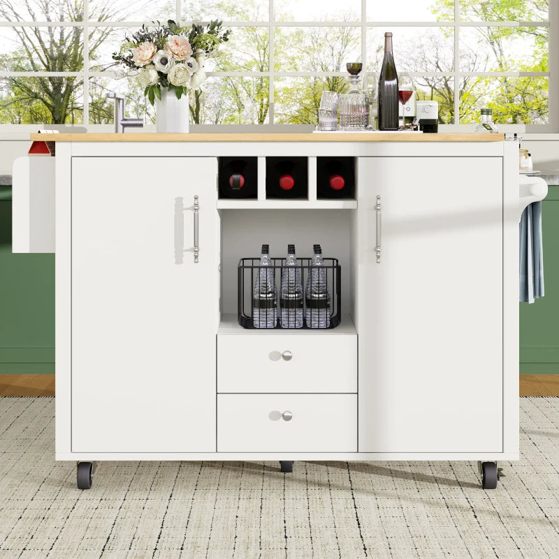 White Kitchen Island Trolley with Folding Worktop, Adjustable Shelves, Wine Rack & Spice Racks - Utility Cart 138L x 73W x 92H cm