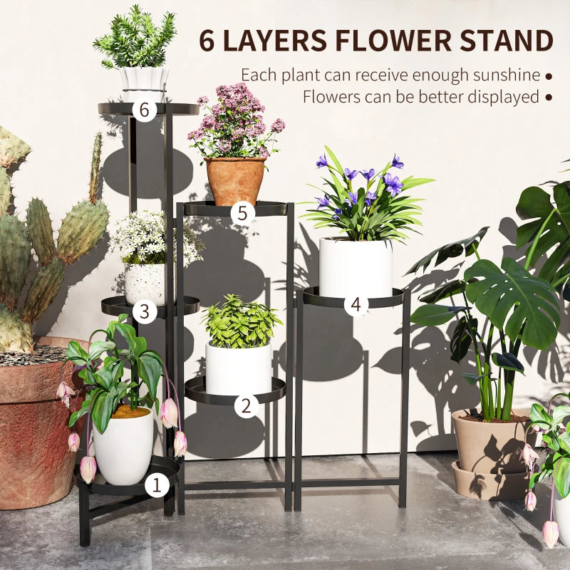 3 Tier Foldable Black Metal Plant Stand - Indoor Outdoor Corner Flower Pot Holder for Patio, Garden, Balcony, Living Room