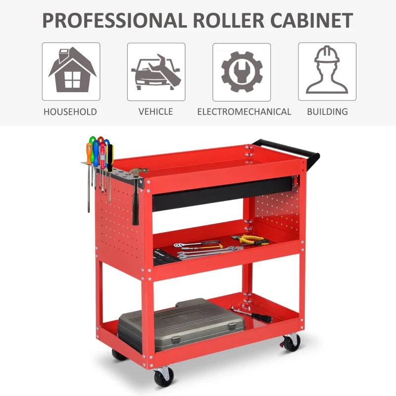 Red 3-Tier Tool Trolley with Drawer for Garage, Workshop