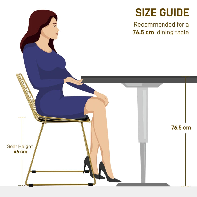 Luxurious Set of 4 Dining Chairs - Metal Wire Kitchen Chairs with Velvet Cushions, Cut-out Back & Gold Steel Frame