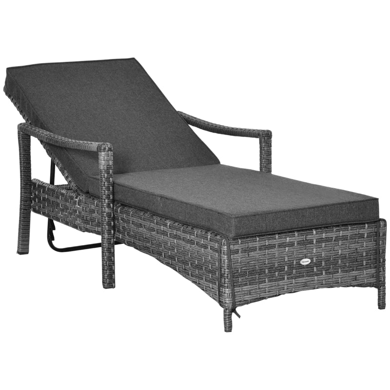 Grey Rattan Sun Lounger with Adjustable Backrest & Washable Cushion