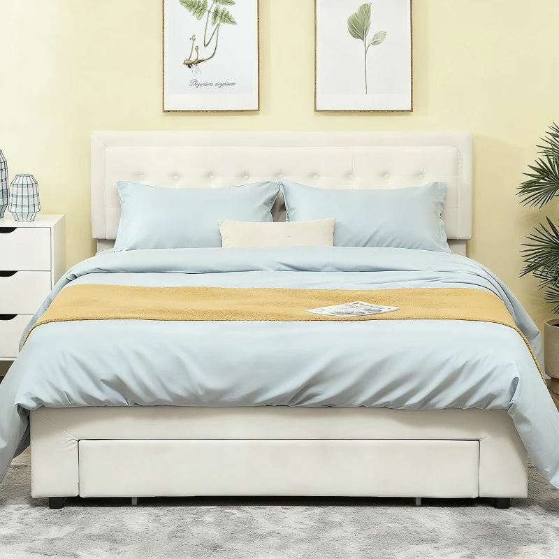 Luxury King Size Ottoman Bed Frame with Front Drawer - Elegant Cream Upholstery for Stylish Storage Solutions