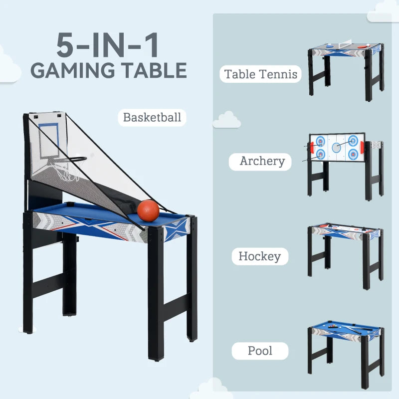 5-in-1 Multi Games Table for Family Fun with Pool Table Tennis Basketball Hockey Archery Blue