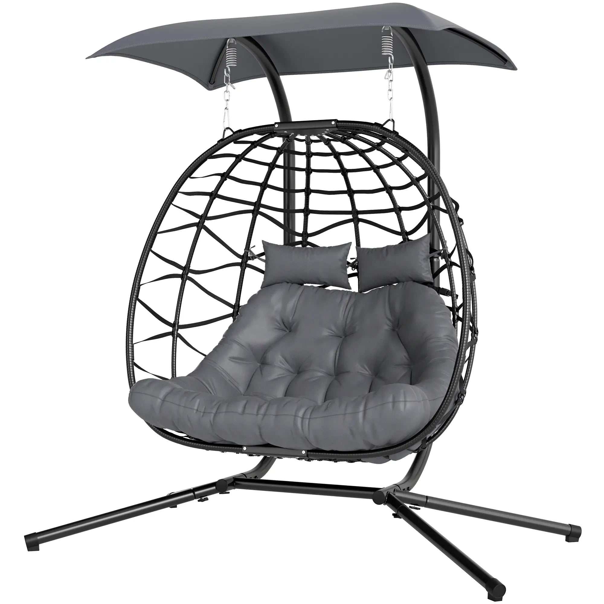 Rattan Double Hanging Egg Chair with Canopy - Foldable Swing/Egg Chair with Cushion, Head Pillows, Stand & Steel Frame