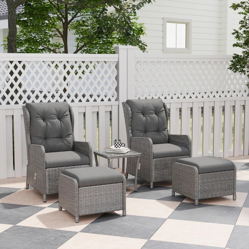 5-Piece Light Grey Rattan Bistro Set - Adjustable Back Reclining Wicker Balcony Furniture with Cushions, Glass Top Coffee Table & Footstools for Outdoor Use