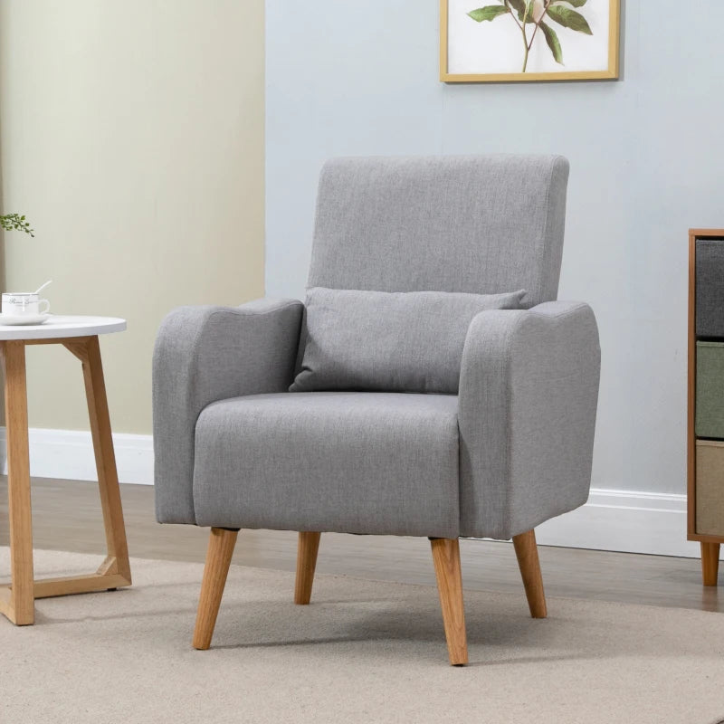 Linen-Touch Accent Chair with Pillow - Upholstered Lounge Sofa for Living Room, Grey Club Chair with Wooden Frame